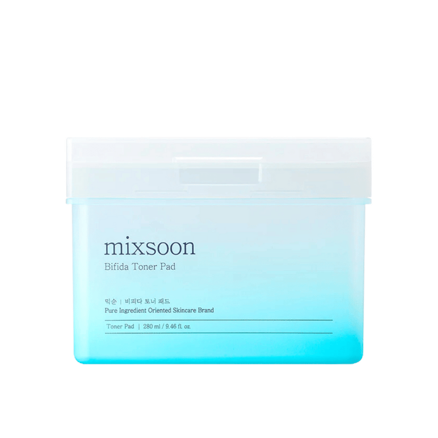 Un récipient transparent avec un dégradé bleu et blanc contenant des tampons de toner Bifida. Le récipient est étiqueté avec "mixsoon Bifida Toner Pad" et contient 280 ml (9,46 fl. oz.) de tampons de toner, conçus pour le soin de la peau et l'effet hydratant.