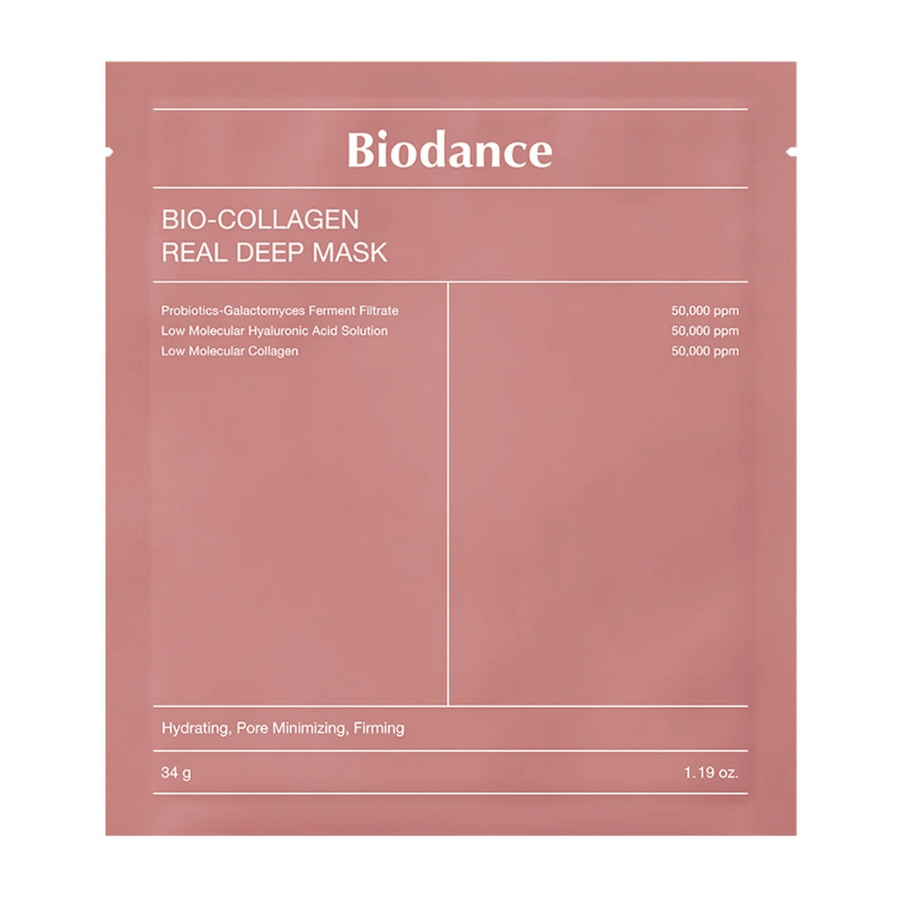 L'image montre Bio-Collagen Real Deep Mask de Biodance, emballé dans un doux rose. Le texte détaille des ingrédients tels que des probiotiques, du filtrat de fermentation de galactomyces, de l'acide hyaluronique et du collagène, avec des effets comme l'hydratation, la réduction des pores et la fermeté.