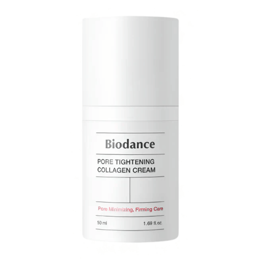 Biodance Pore Tightening Collagen Cream dans un emballage blanc simple avec un design minimaliste, 50 ml.
