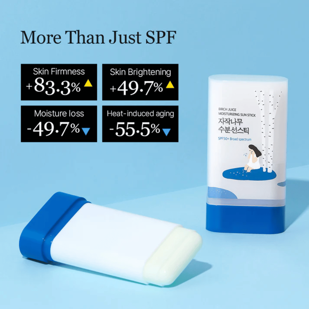 ROUND LAB Birch Juice Sun Stick avec SPF50+ est présenté avec des résultats montrant une amélioration de l’élasticité de la peau et une réduction de la perte d’hydratation