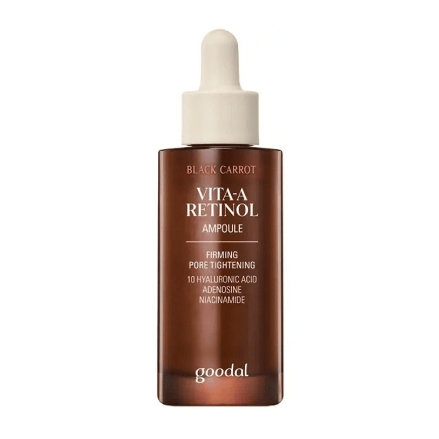 La bouteille avec Goodal Black Carrot Vita-A Retinol Firming Ampoule est affichée. Elle a une pipette beige et une bouteille brun foncé. L'étiquette décrit le produit comme "Vita-A Retinol Ampoule" et mentionne des propriétés telles que "Affermissement et Rétrécissement des Pores", ainsi que les ingrédients 10% d'acide hyaluronique, adénosine et niacinamide.
