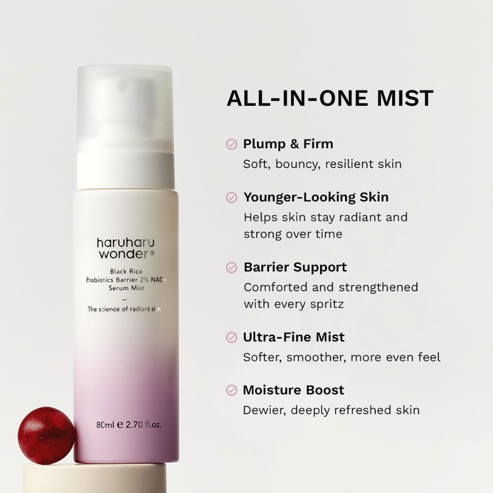 Haruharu Wonder Black Rice Probiotics Barrier 2% NAD+ Serum Mist – hydrate, renforce la barrière cutanée et donne de l’éclat