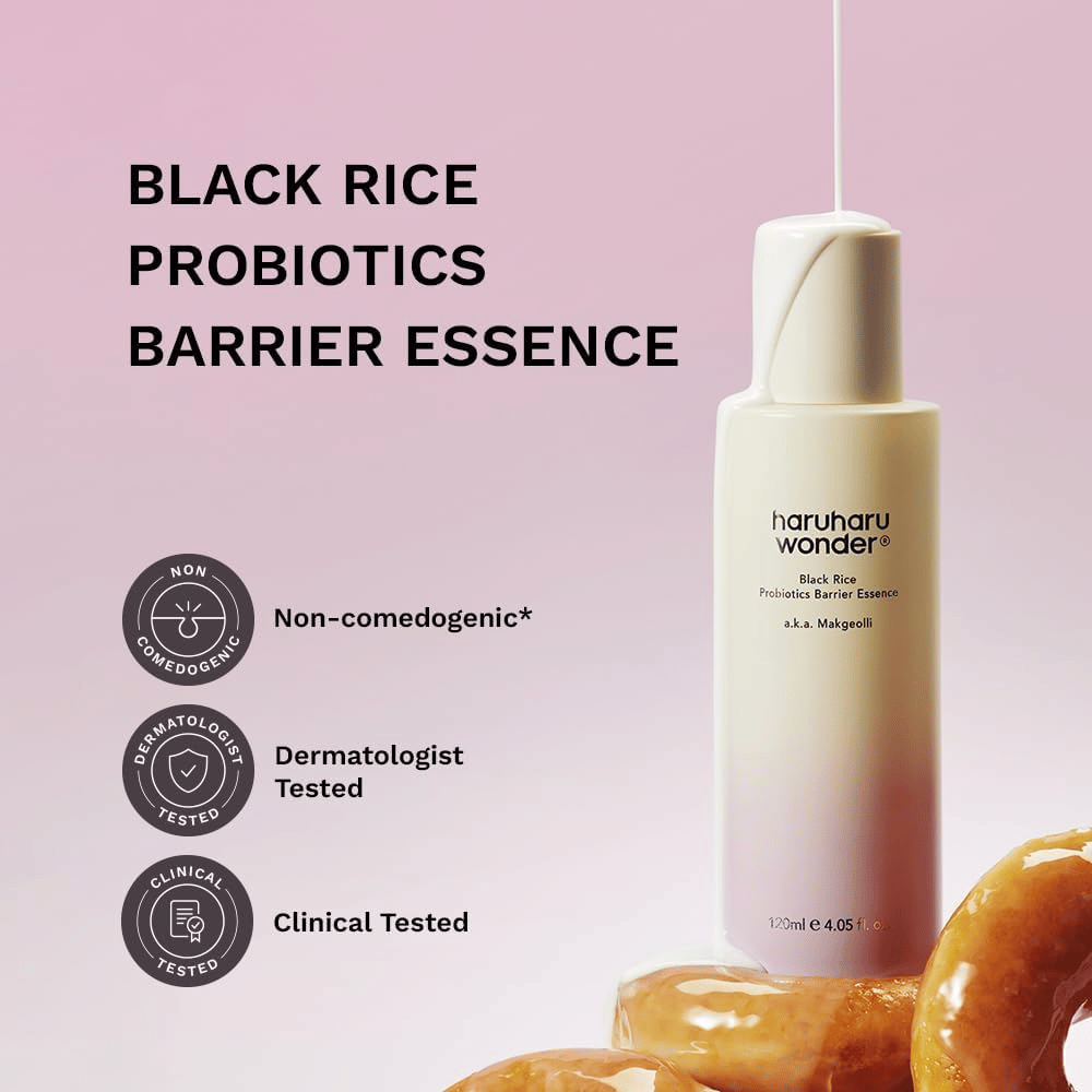 Essence aux probiotiques et au riz noir qui apaise les peaux sensibles et améliore la texture et le teint de la peau