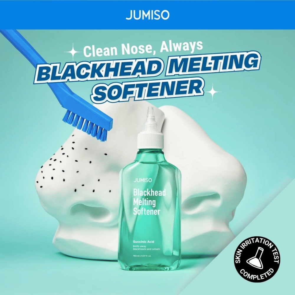 JUMISO Blackhead Melting Softener avec brosse contre modèle blanc de nez. Texte : « Nez propre, toujours ». Testé cliniquement pour l'irritation de la peau.