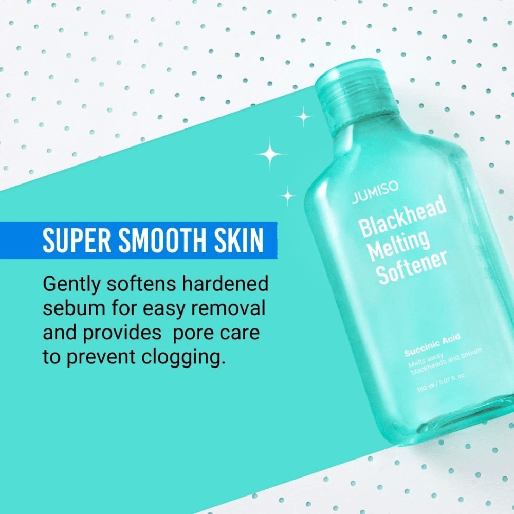 JUMISO Blackhead Melting Softener affiché sur fond turquoise. Le texte souligne que le produit adoucit le sébum et prévient les pores obstrués.