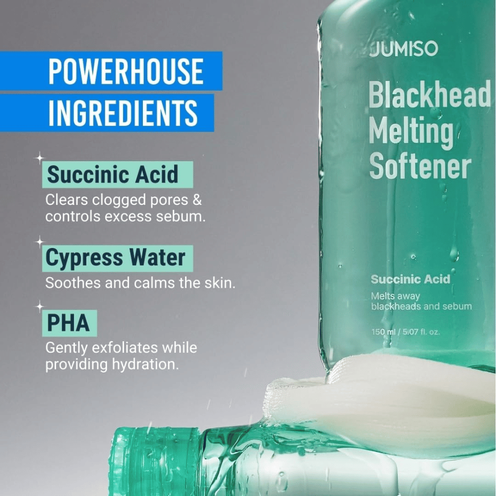 Gros plan de la bouteille JUMISO Blackhead Melting Softener. Le texte montre les ingrédients clés : acide succinique, eau de cyprès et PHA pour le nettoyage des pores.