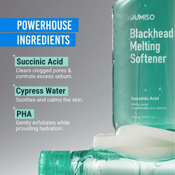 Gros plan de la bouteille JUMISO Blackhead Melting Softener. Le texte montre les ingrédients clés : acide succinique, eau de cyprès et PHA pour le nettoyage des pores.