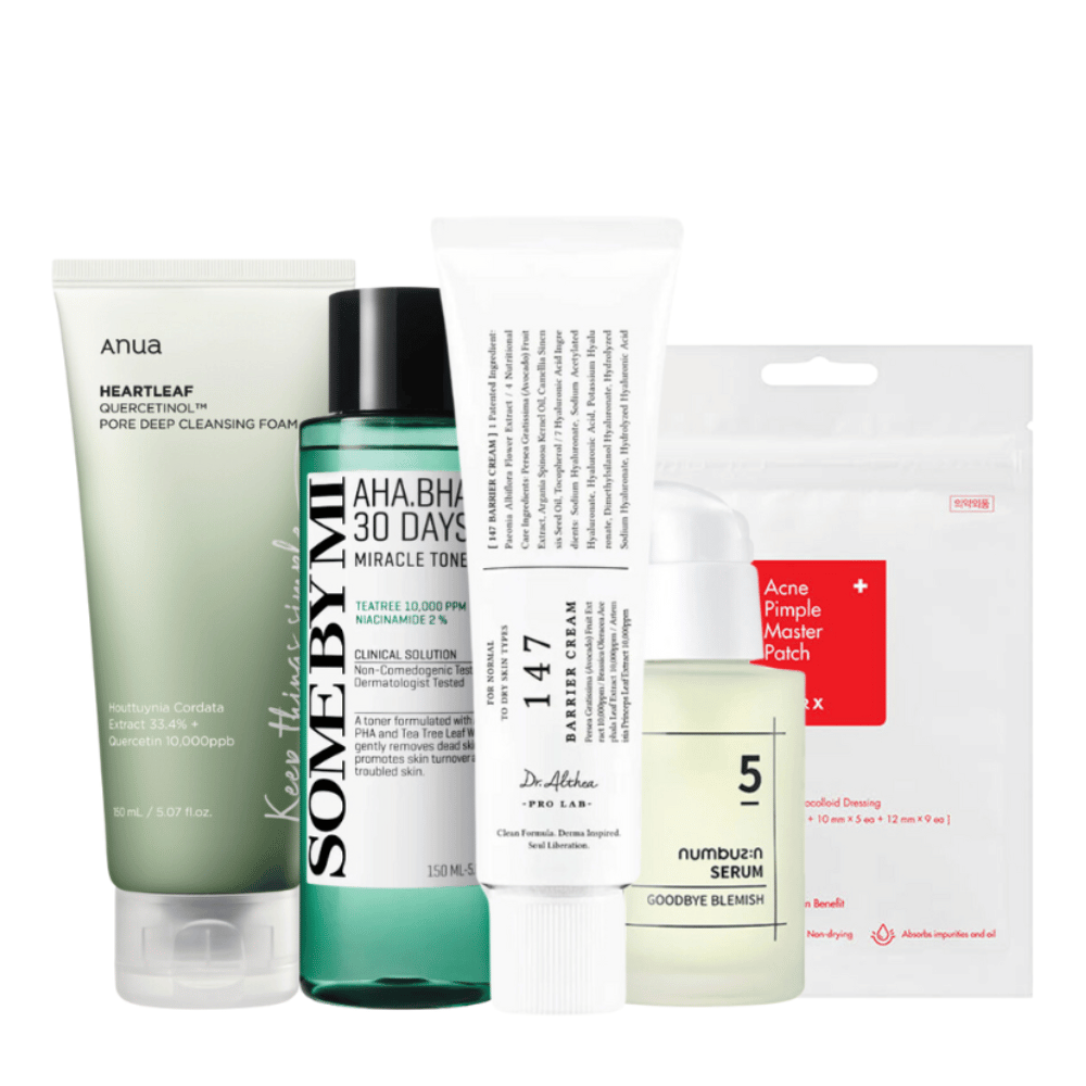 
Une collection de produits de soins de la peau destinés à combattre les imperfections et l'acné. Le set contient Anua Heartleaf Quercetin+ Pore Deep Cleansing Foam, SOME BY MI AHA.BHA.PHA 30 Days Miracle Toner, Dr. Althea Pro Lab 5 Numbuzin Serum, et Acne Pimple Master Patch. Ces produits sont spécialement formulés pour apaiser, clarifier et traiter les peaux à problèmes, ainsi que pour réduire efficacement la visibilité des boutons et des pores.