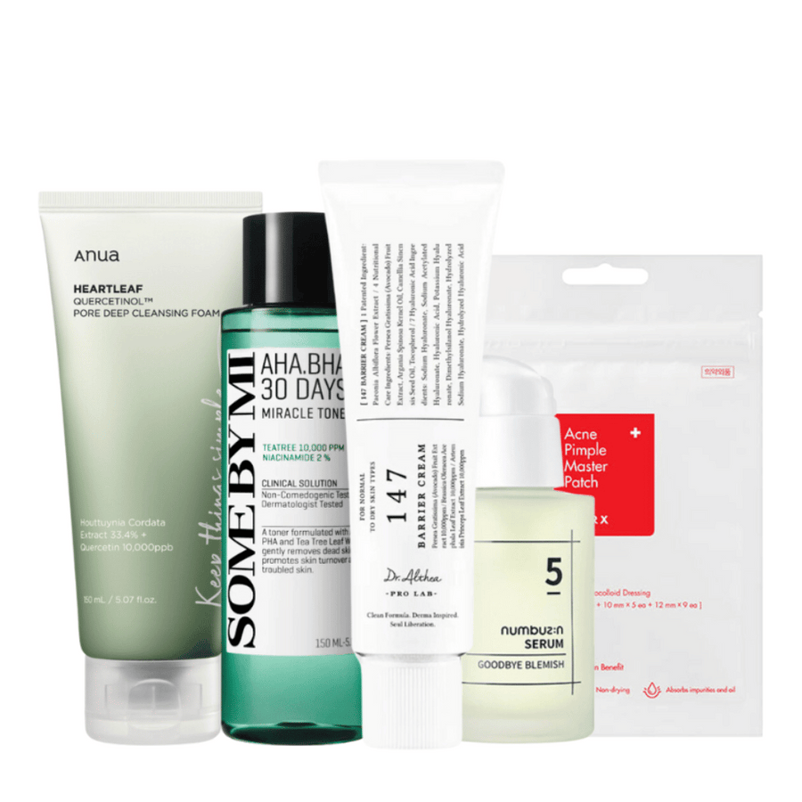 
Une collection de produits de soins de la peau destinés à combattre les imperfections et l'acné. Le set contient Anua Heartleaf Quercetin+ Pore Deep Cleansing Foam, SOME BY MI AHA.BHA.PHA 30 Days Miracle Toner, Dr. Althea Pro Lab 5 Numbuzin Serum, et Acne Pimple Master Patch. Ces produits sont spécialement formulés pour apaiser, clarifier et traiter les peaux à problèmes, ainsi que pour réduire efficacement la visibilité des boutons et des pores.