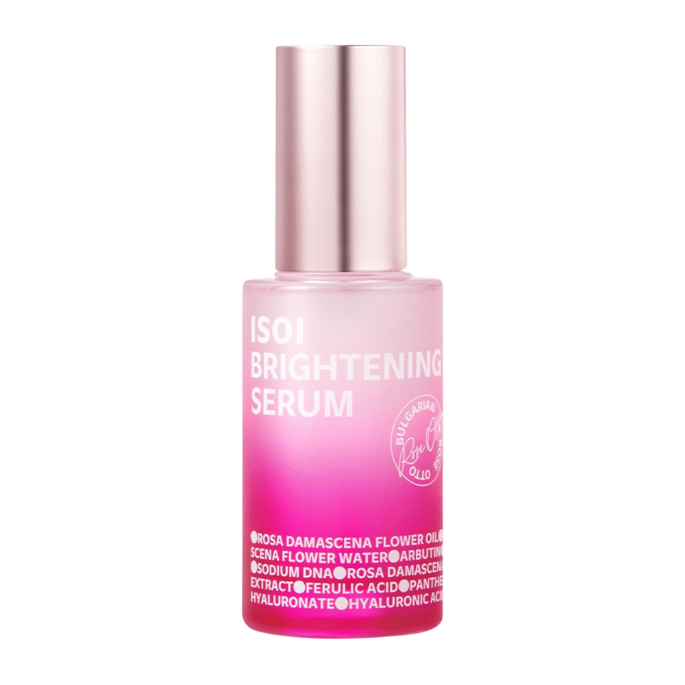 ISOI Brightening Serum 35 ml, sérum visage illuminateur avec Rose PDRN et arbutine dans un flacon en verre rose avec bouchon rose métallisé sur fond blanc.