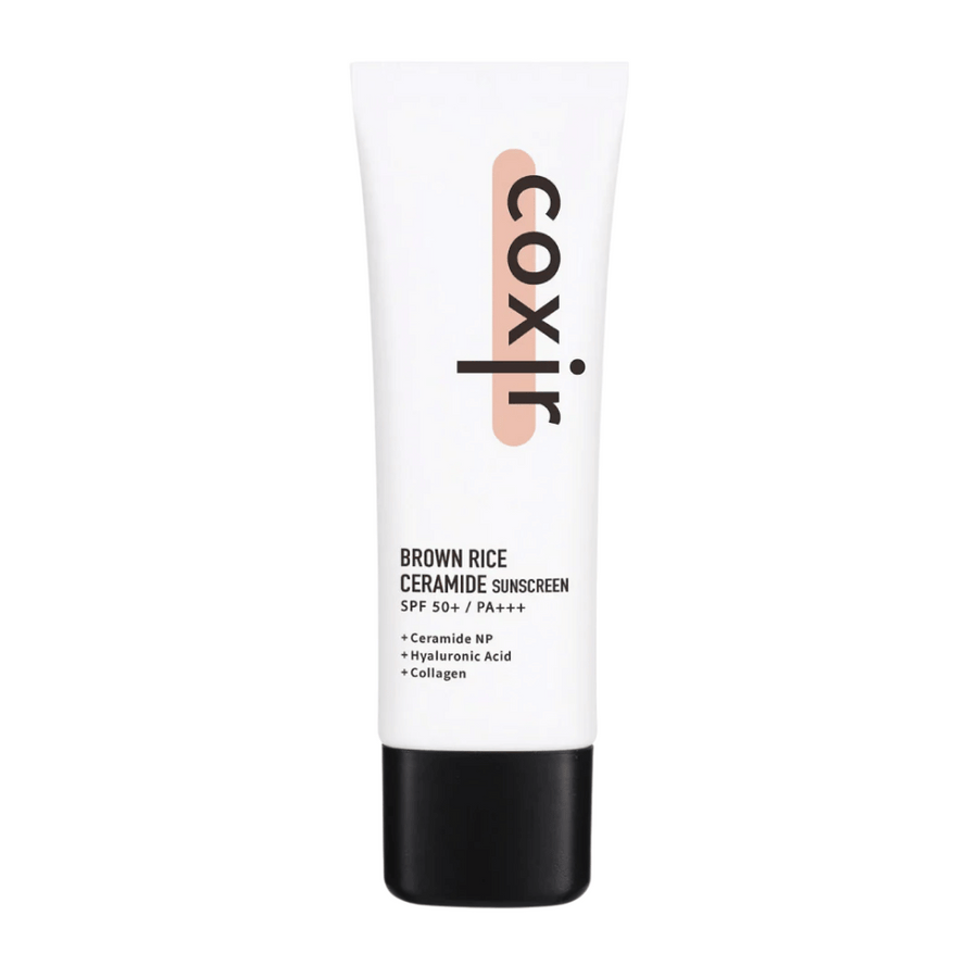 Image du produit de Coxir Brown Rice Ceramide Sunscreen en tube blanc avec bouchon noir, SPF 50+ PA+++, contient des céramides, de l'acide hyaluronique et du collagène.