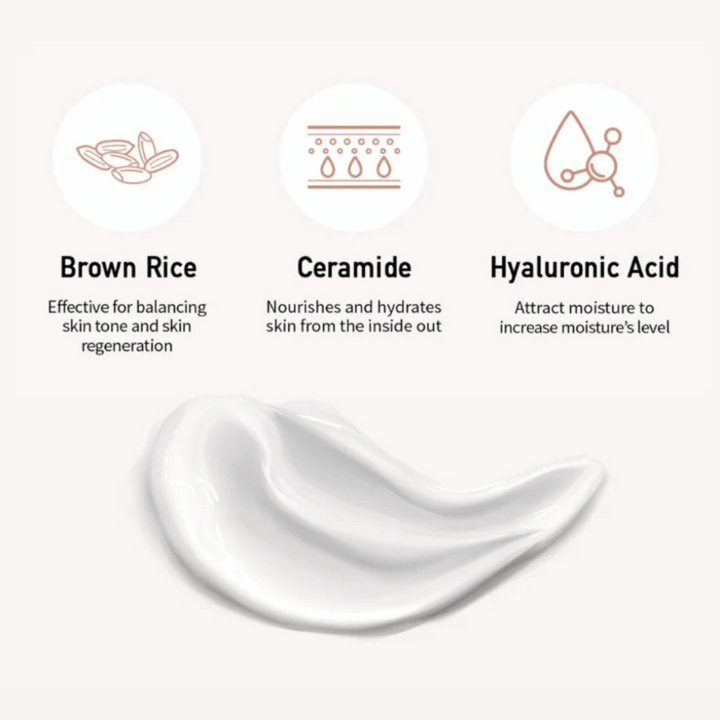 Gros plan sur la formule de la crème solaire avec des illustrations et des explications des trois ingrédients clés : riz brun pour un teint uniforme, céramides pour la nutrition et acide hyaluronique pour l'hydratation.
