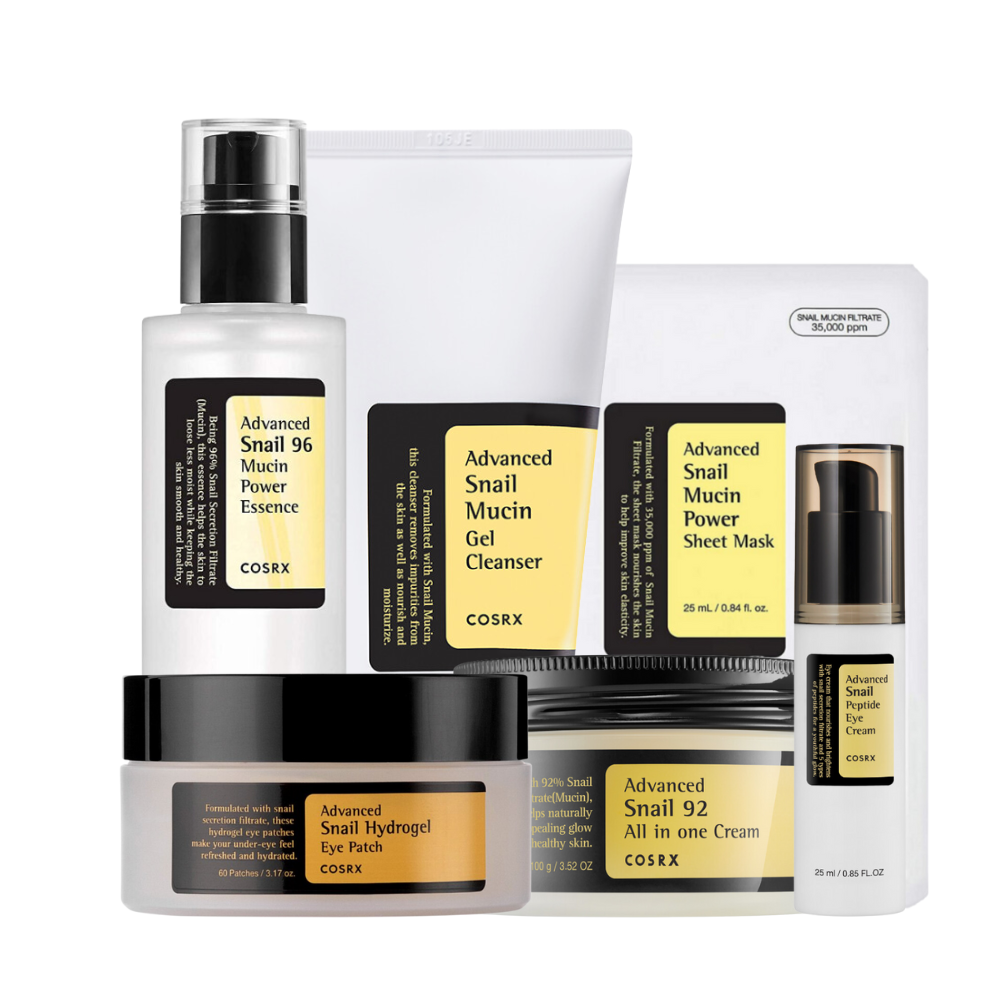 Une collection de COSRX produits de beauté à base de bave d'escargot, y compris une essence, un gel nettoyant, un masque en feuille, des patchs pour les yeux et une crème.