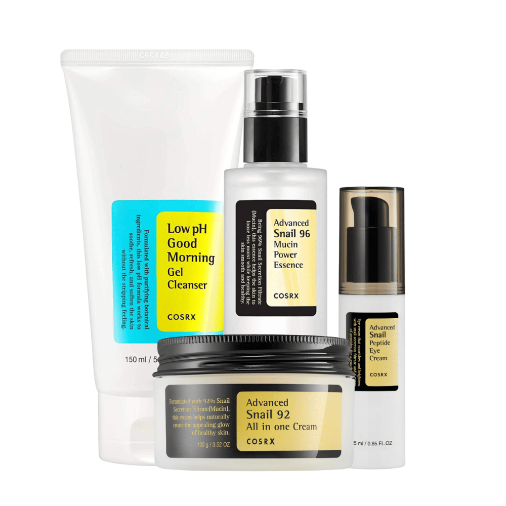 Une collection de produits de beauté coréens avec COSRX Starter Kit de COSRX avec des formules à faible pH, exposés sur un fond blanc.