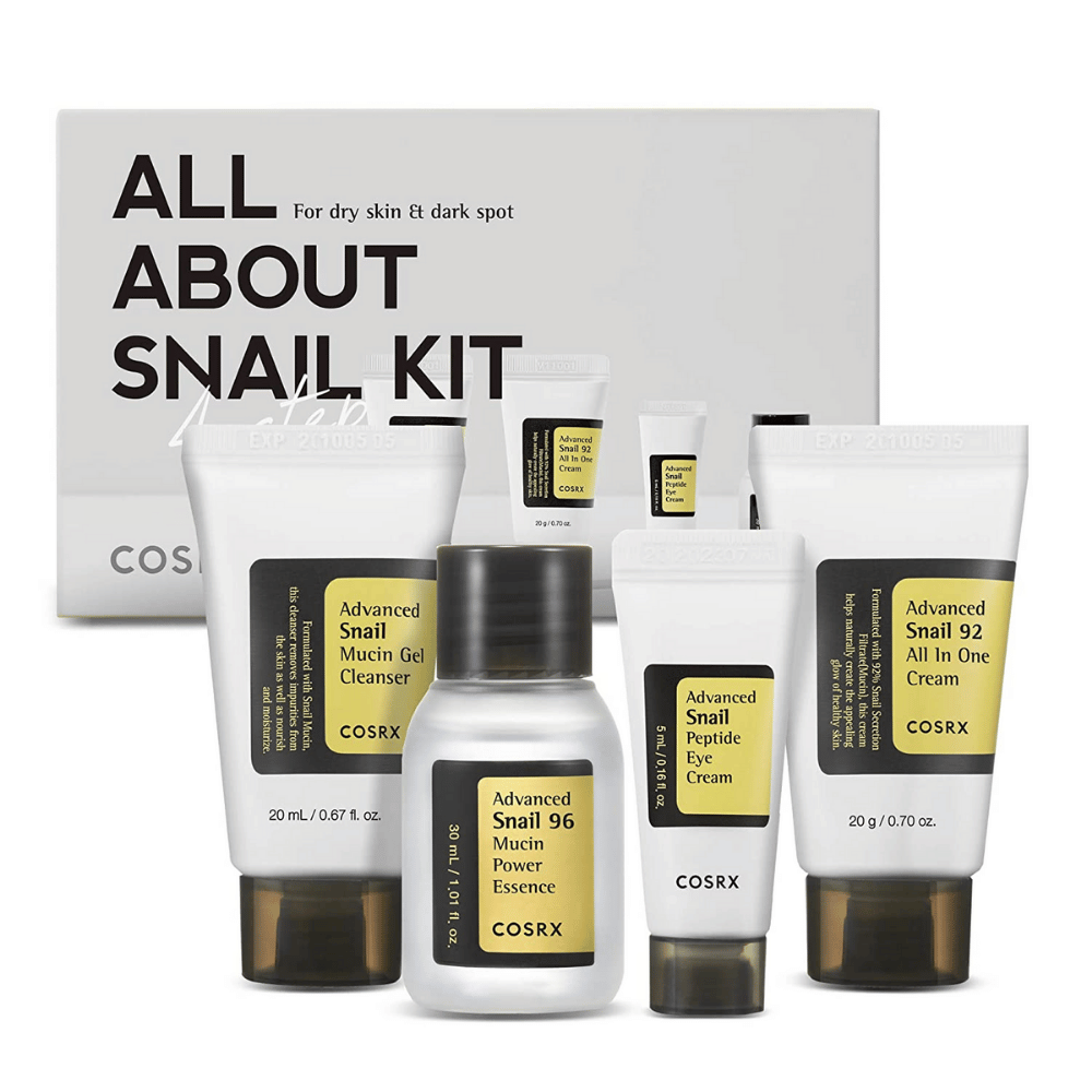 COSRX All About Snail Kit – boîte de soins de la peau coréenne avec Snail Mucin Cleanser, Essence, Eye Cream et All In One Cream pour l'hydratation et la réparation.