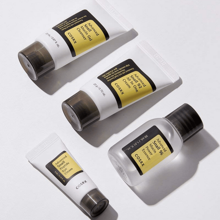 COSRX All About Snail Kit – formats de voyage avec Snail Gel Cleanser, Snail 92 All In One Cream, Snail 96 Mucin Essence et Snail Peptide Eye Cream
