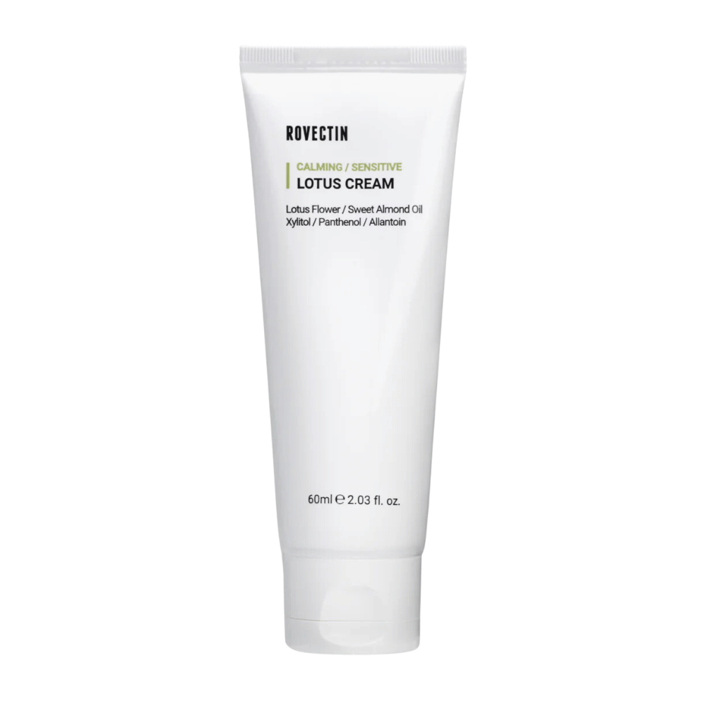 Tube avec Rovectin Calming Sensitive Lotus Cream, crème apaisante pour peaux sensibles.