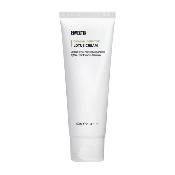 Tube avec Rovectin Calming Sensitive Lotus Cream, crème apaisante pour peaux sensibles.