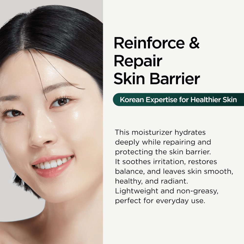 Gros plan sur un modèle à la peau hydratée et lumineuse accompagné d’un texte indiquant que le produit aide à réparer et à renforcer la barrière cutanée tout en maintenant la peau équilibrée et douce.