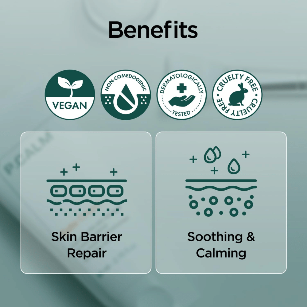 Image graphique d’ensemble mettant en avant les avantages du produit tels qu’une formule végane, non comédogène, testée dermatologiquement et cruelty-free. L’accent est mis sur la réparation de la barrière cutanée ainsi que sur l’effet apaisant pour les peaux sensibles.