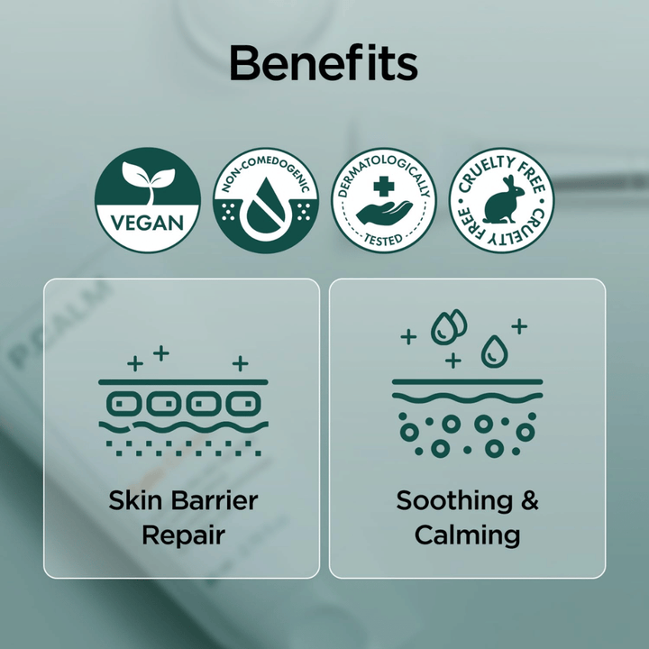 Image graphique d’ensemble mettant en avant les avantages du produit tels qu’une formule végane, non comédogène, testée dermatologiquement et cruelty-free. L’accent est mis sur la réparation de la barrière cutanée ainsi que sur l’effet apaisant pour les peaux sensibles.