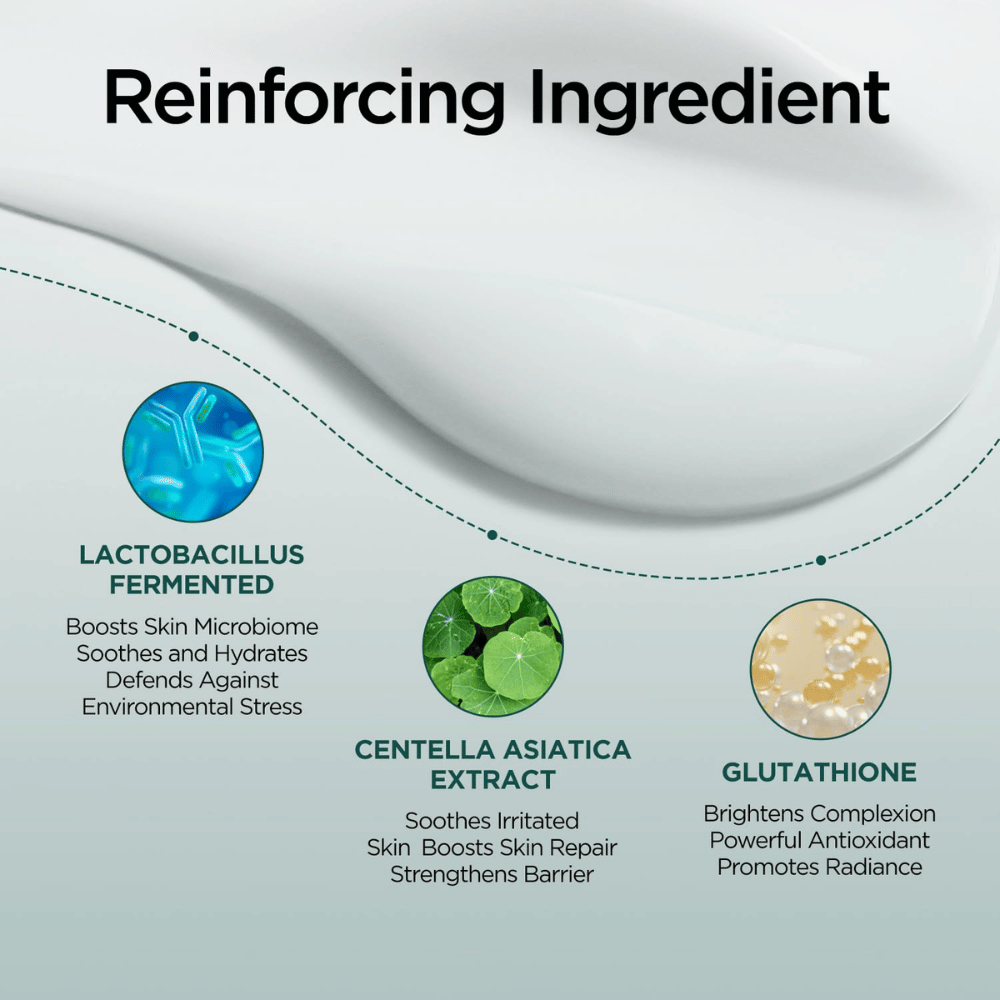 Image informative sur les ingrédients clés de P.CALM Cato Cream, notamment Lactobacillus Ferment, l’extrait de Centella Asiatica et le glutathion. L’accent est mis sur les propriétés apaisantes, hydratantes et fortifiantes pour la barrière cutanée.