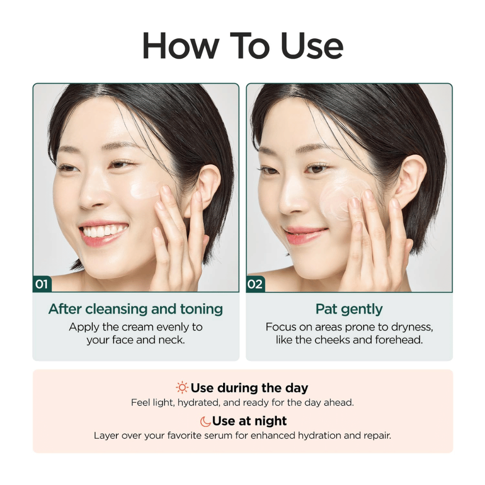 Image d’instructions montrant comment P.CALM Cato Cream s’utilise après le nettoyage et toner visage. Un modèle applique la crème sur les joues et le produit est recommandé aussi bien le jour que la nuit pour l’hydratation et le soin de la barrière cutanée.