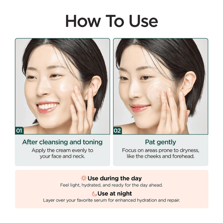 Image d’instructions montrant comment P.CALM Cato Cream s’utilise après le nettoyage et toner visage. Un modèle applique la crème sur les joues et le produit est recommandé aussi bien le jour que la nuit pour l’hydratation et le soin de la barrière cutanée.