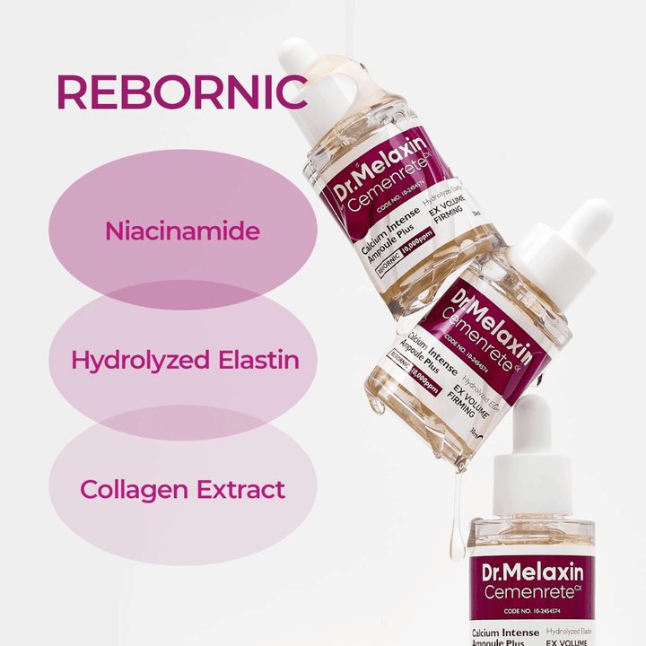 Dr. Melaxin Cemenrete Calcium Intense Ampoule Plus avec niacinamide, élastine hydrolysée et extrait de collagène, développée pour une peau plus ferme et une élasticité améliorée.