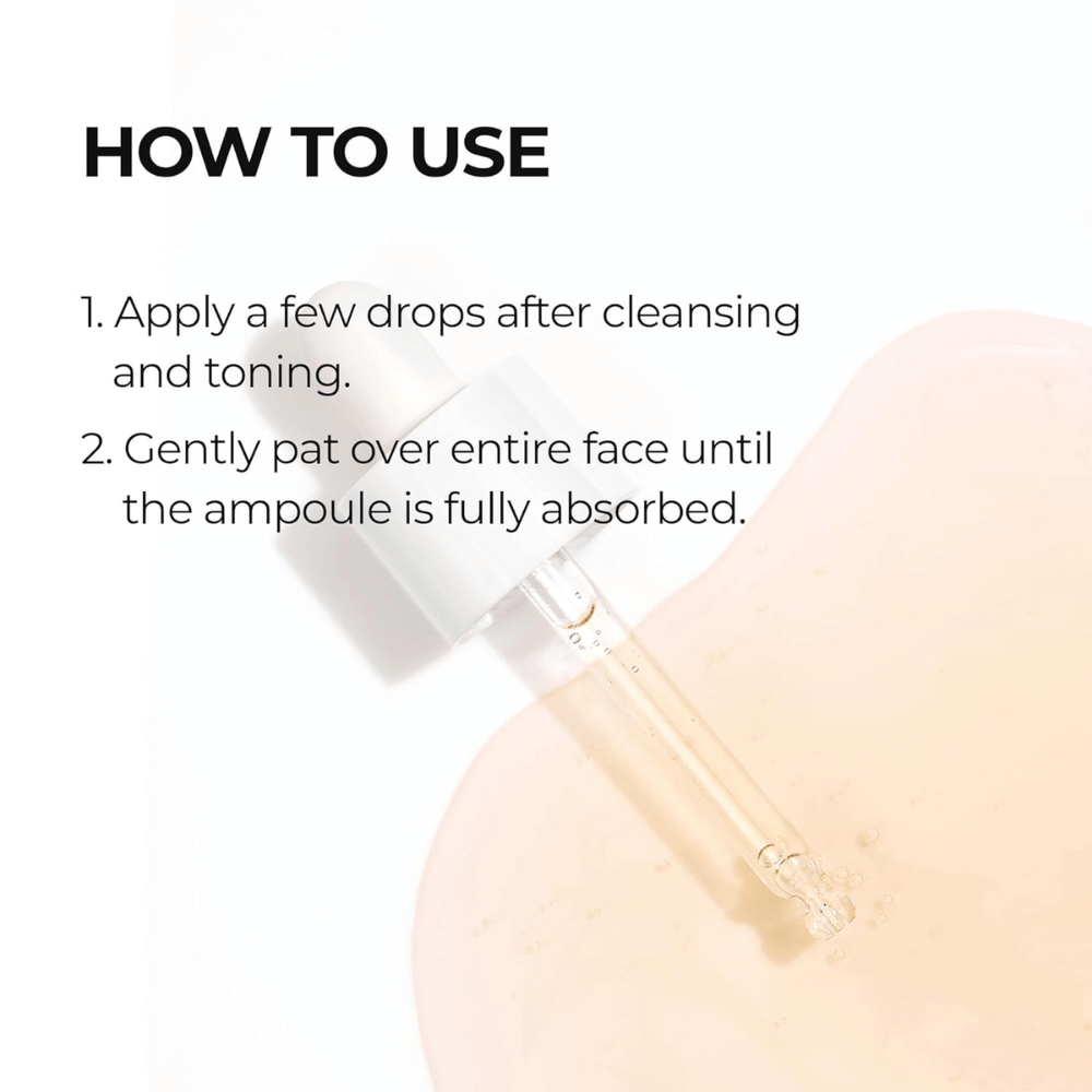 Image d'instruction montrant comment Dr. Melaxin Cemenrete Calcium Intense Ampoule Plus est appliqué après le nettoyage et le toner, en tapotant sur la peau jusqu'à absorption complète.