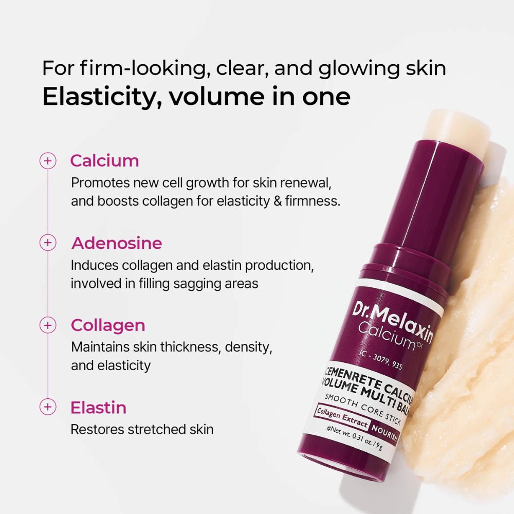 Dr. Melaxin Cemenrete Calcium Volume Multi Balm avec calcium, adénosine, collagène et élastine pour une élasticité accrue, une peau plus ferme et une structure de peau améliorée.