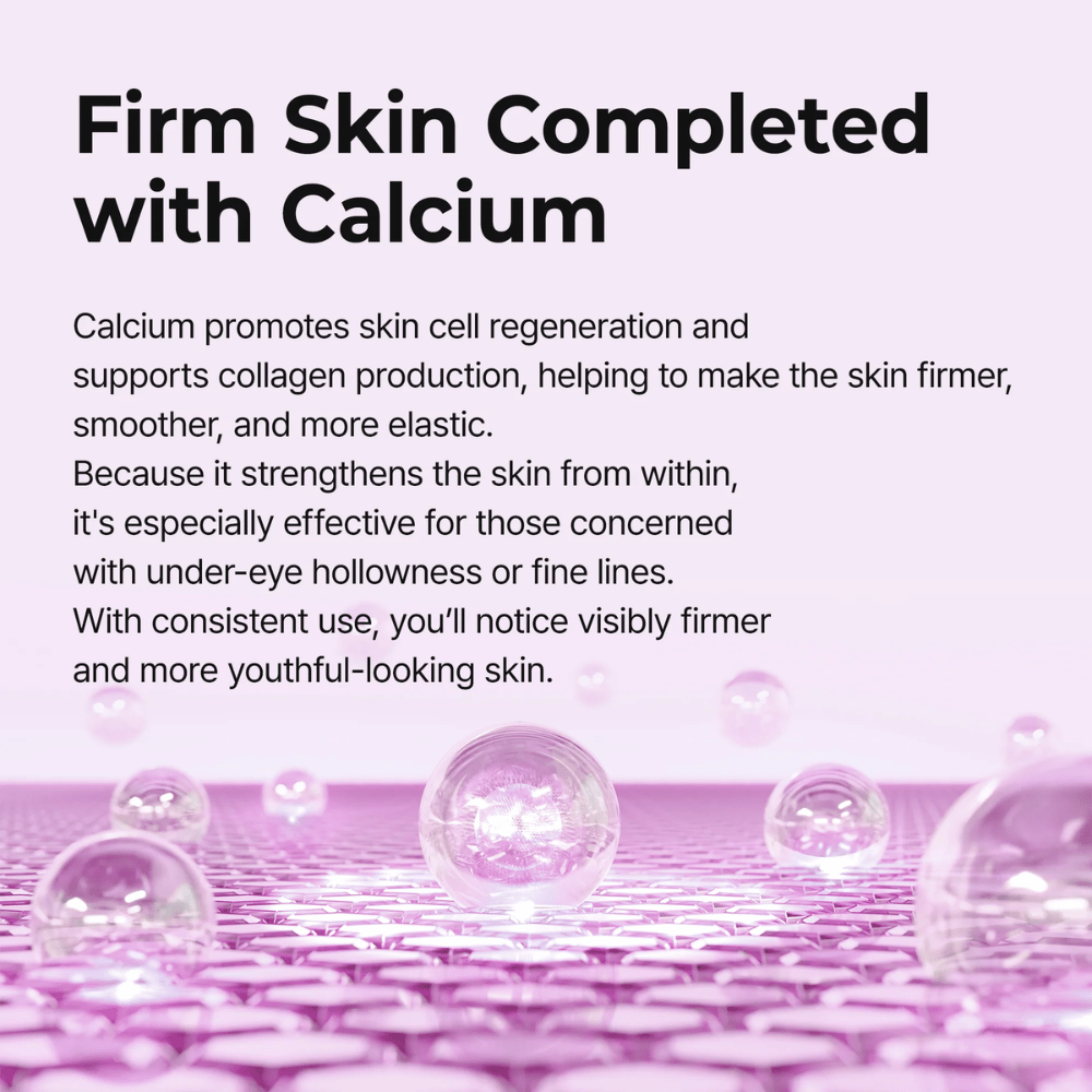 Illustration montrant comment le calcium renforce la structure et l'élasticité de la peau dans Dr. Melaxin Cemenrete Calcium Volume Eye Patch pour une peau plus ferme, plus lisse et plus jeune autour des yeux.