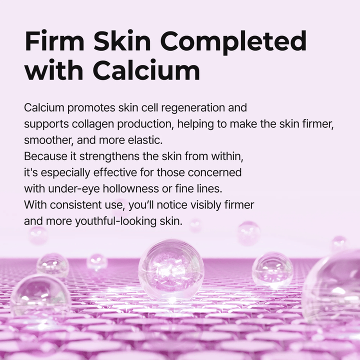 Illustration montrant comment le calcium renforce la structure et l'élasticité de la peau dans Dr. Melaxin Cemenrete Calcium Volume Eye Patch pour une peau plus ferme, plus lisse et plus jeune autour des yeux.