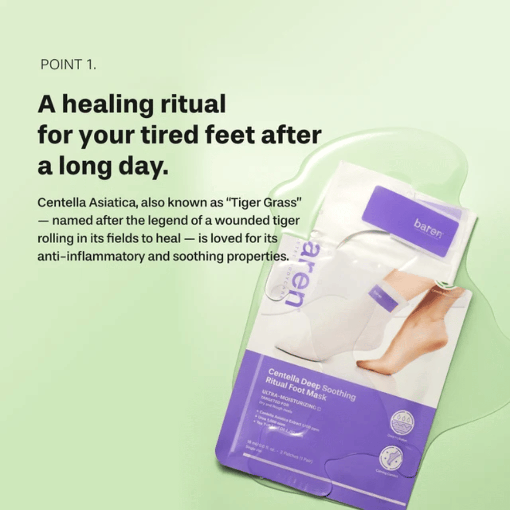 5. Baren Centella Deep Soothing Ritual Foot Mask – soin apaisant pour les pieds à la centella asiatica pour les pieds fatigués, secs et rugueux