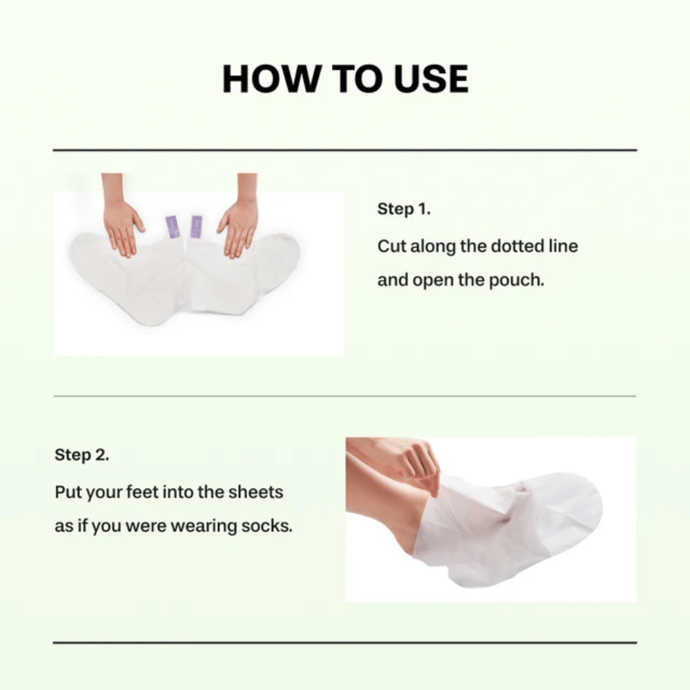 2. Baren Centella Deep Soothing Ritual Foot Mask – étapes 1 et 2 montrant comment l’emballage s’ouvre et comment les masques pour les pieds s’enfilent comme des chaussettes