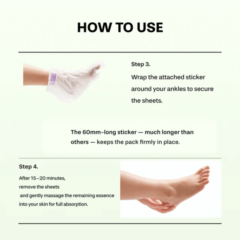 1. Baren Centella Deep Soothing Ritual Foot Mask – étapes 3 et 4 montrant comment le masque pour les pieds se fixe autour de la cheville et se retire après 15 à 20 minutes