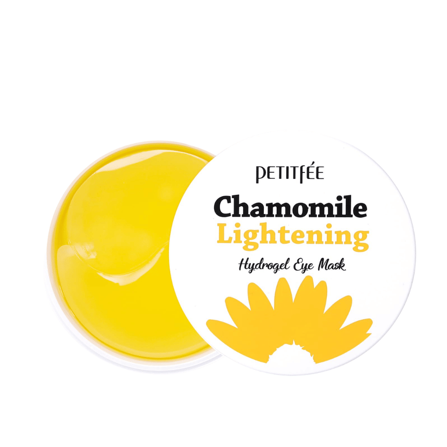 Image produit détourée de PETITFEE Chamomile Lightening Hydrogel Eye Mask avec pot ouvert montrant les patchs hydrogel jaunes et l’emballage blanc épuré.