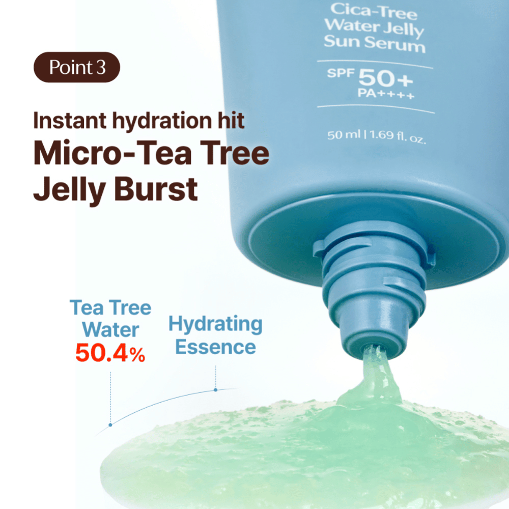 Tage Cica-Tree Water Jelly Sun Serum SPF 50+ avec 50,4 % d’eau de tea tree. Gros plan sur un gel vert hydratant pressé hors du tube.