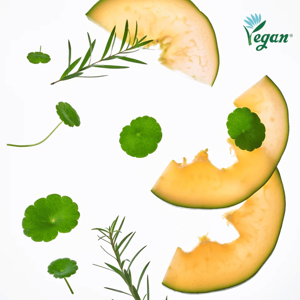 Soin de la peau végan au melon, à la centella asiatica et aux extraits de plantes qui apaise la peau et procure une hydratation.