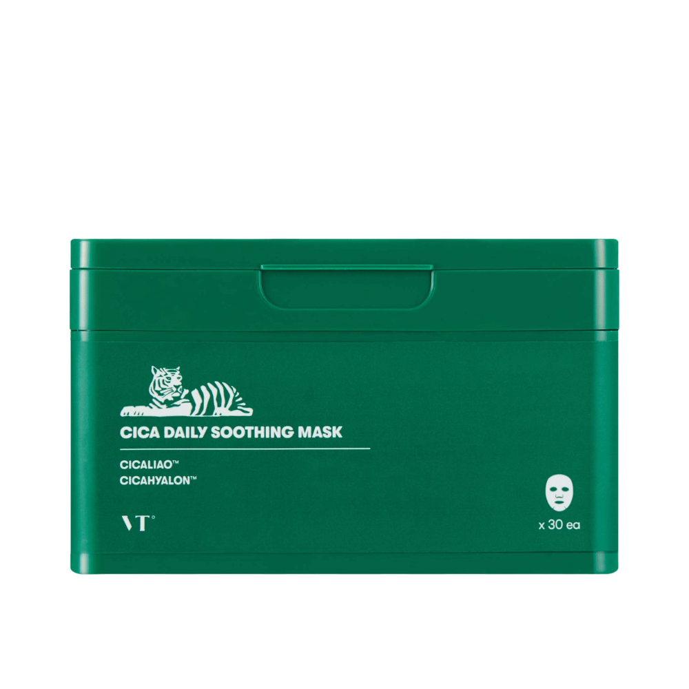 Emballage vert avec le texte "Cica Daily Soothing Mask" et une illustration blanche d'un tigre, contenant 30 masques en feuille.