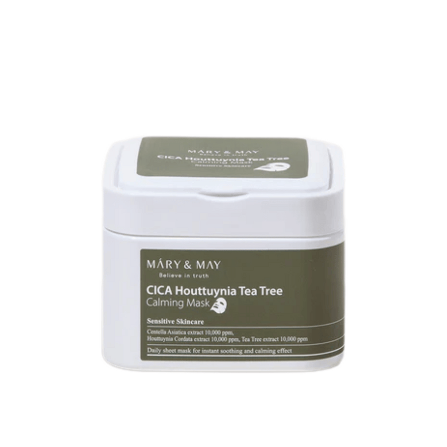 Mary & May Cica Houttuynia Tea Tree Calming Mask – pot avec des masques en feuille apaisants pour peau sensible, enrichis en centella, houttuynia et extrait de tea tree.