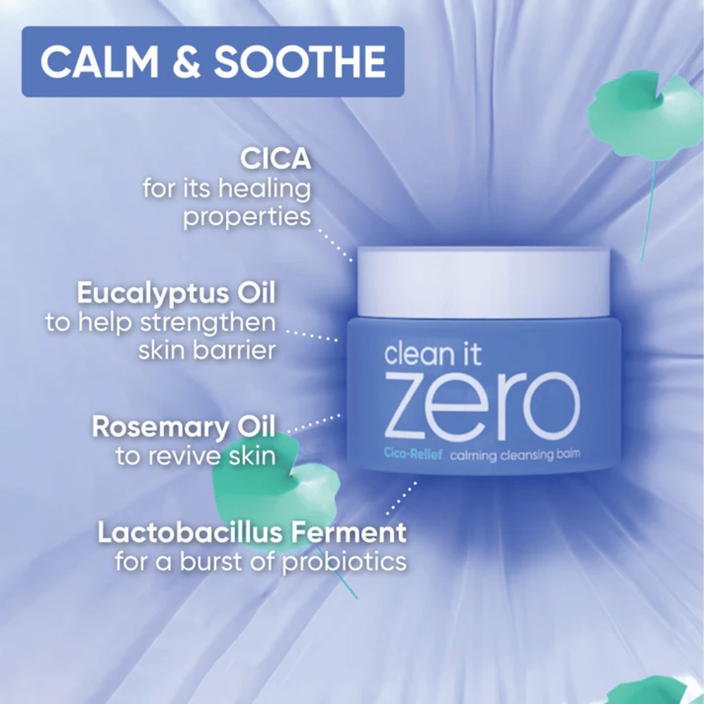 Image d'information pour Clean It Zero Cica-Relief Calming Cleansing Balm mettant en avant des ingrédients apaisants tels que CICA, huile d'eucalyptus, huile de romarin et ferment de lactobacillus pour renforcer la barrière cutanée.