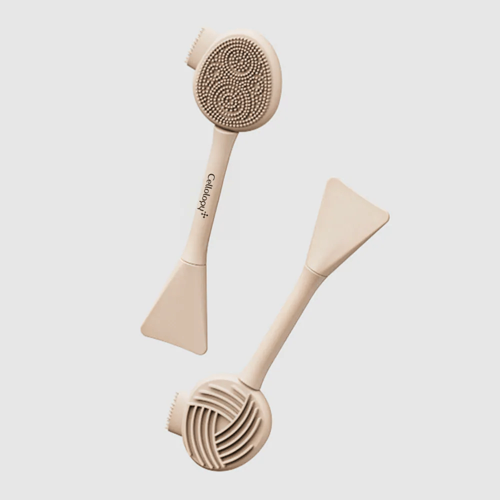 2. Cellolopy Cleaning Brush – recto et verso d’une brosse de nettoyage multifonctionnelle avec poils en silicone, surface rainurée et spatule
