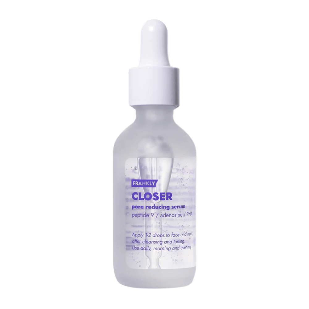 Image du produit de FRANKLY Closer Pore Reducing Serum dans une bouteille en verre avec pipette. Un sérum qui affine les pores et donne une peau plus ferme et plus claire.