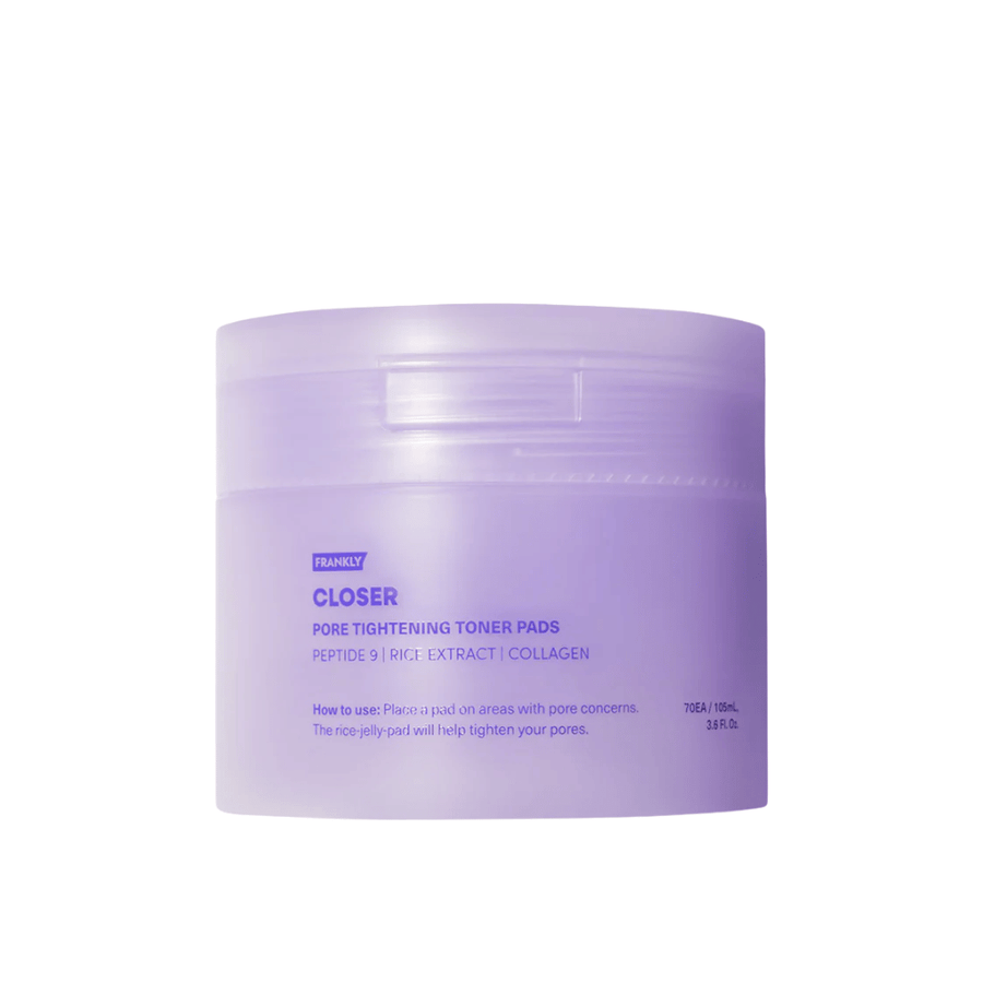 Image du produit de FRANKLY Closer Pore Tightening Toner Pads dans un pot violet. Tampons de toner avec peptides, extrait de riz et collagène pour le raffinement des pores.