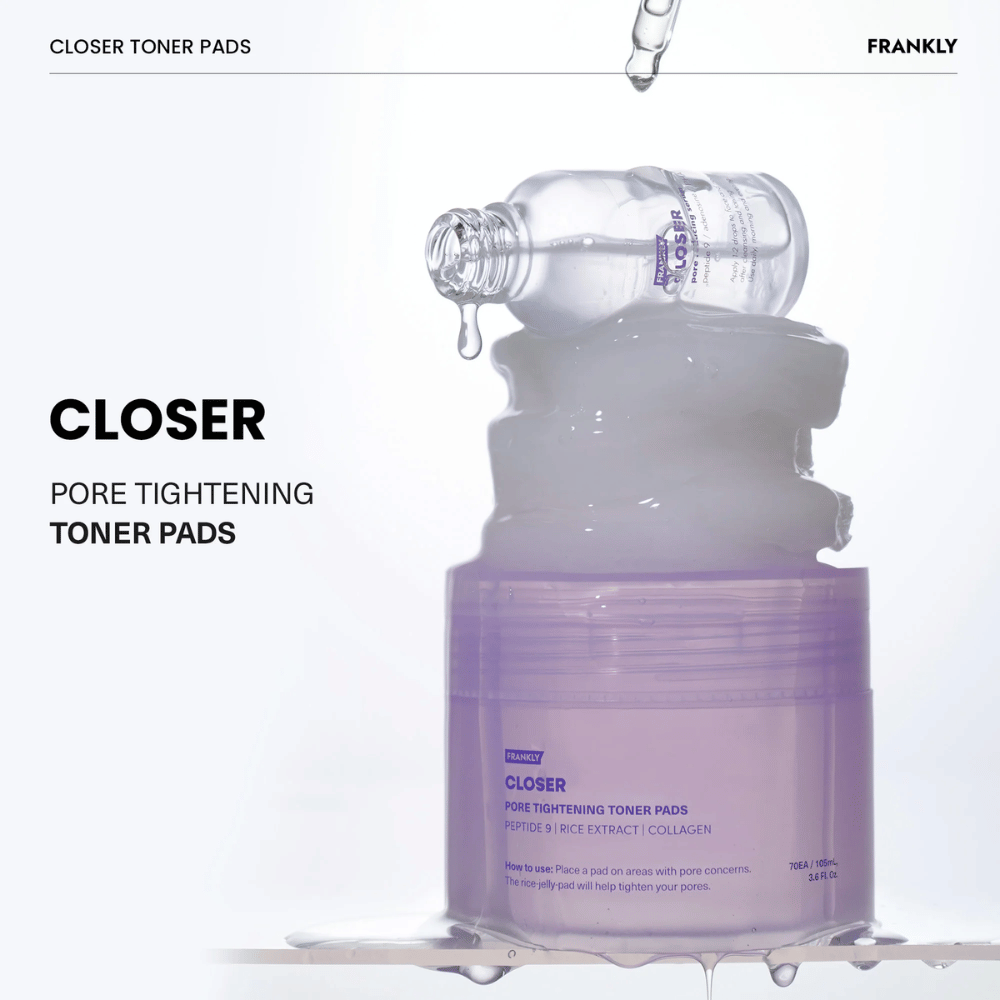 FRANKLY Closer Toner Pads avec toner qui goutte. Montre le produit rempli d'essence hydratante pour le raffinement des pores et une peau rafraîchie.