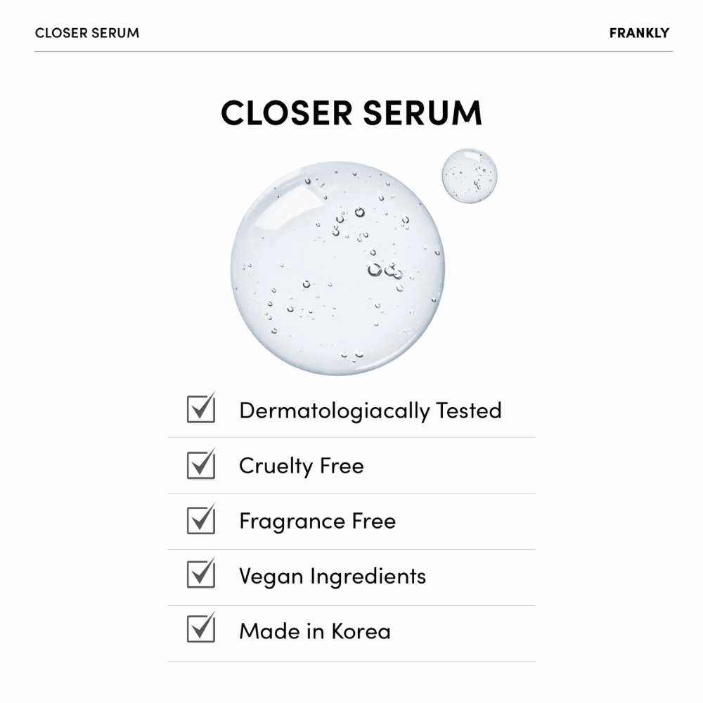 FRANKLY Closer Serum avec gelée transparente et liste des caractéristiques : testé dermatologiquement, végétalien, cruelty-free et sans parfum.