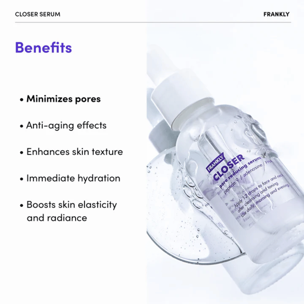 FRANKLY Closer Serum dans une bouteille transparente sur une surface brillante. Le texte met en avant des avantages tels que des pores minimisés, une hydratation et une texture de peau améliorée.
