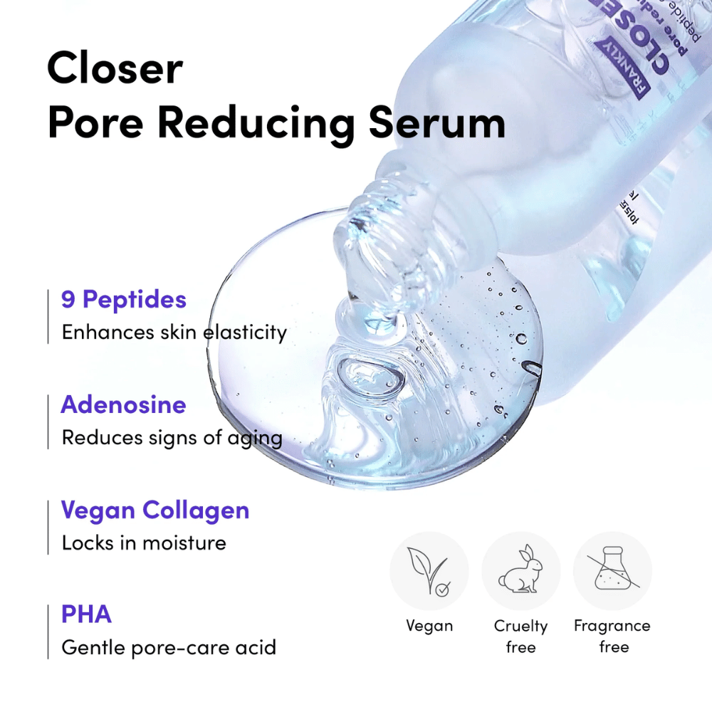 Gros plan sur FRANKLY Closer Pore Reducing Serum avec ingrédients : 9 peptides, adénosine, collagène végétalien et PHA. Formule végétalienne et cruelty-free.