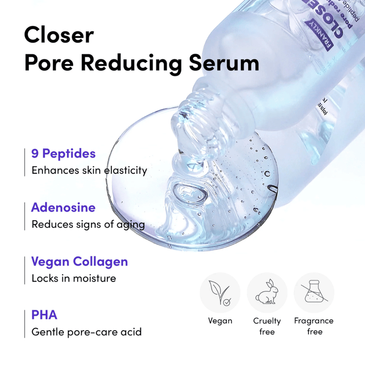 Gros plan sur FRANKLY Closer Pore Reducing Serum avec ingrédients : 9 peptides, adénosine, collagène végétalien et PHA. Formule végétalienne et cruelty-free.